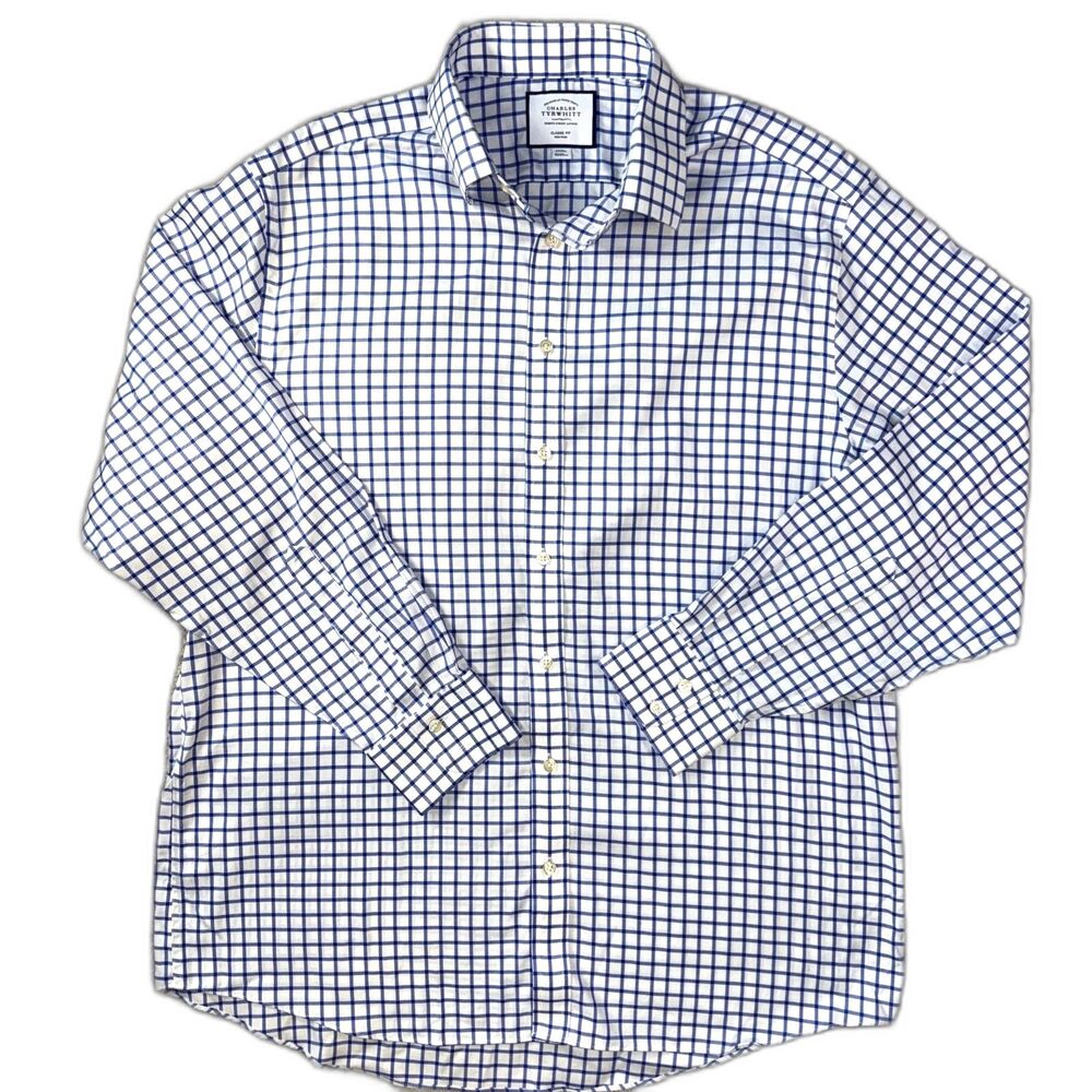 Charles Tyrwhitt Dress Shirt Men 17/35 Blue Plaid Non-Iron Classic Fit Business